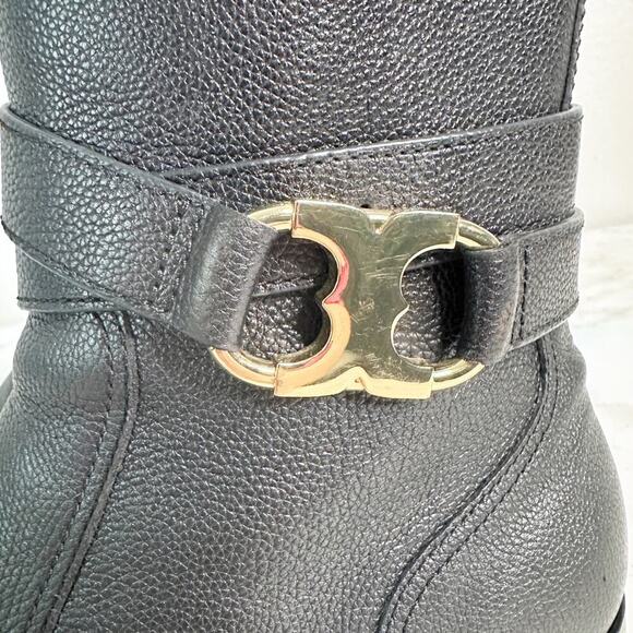 Tory Burch Gemini Goldtone Link Black Leather Flat Ankle Boots women’s size 8 - Picture 3 of 16